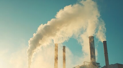 Industrial smoke stacks emitting pollution against a clear sky.  Use Environmental awareness campaign