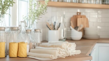 Fresh and Cozy Kitchen Decor with Glass Jars and Neat Linen Towels on Wooden Countertop