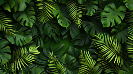 Lush green tropical leaves create vibrant and serene background, perfect for nature themed designs. rich textures and varying shades of green evoke sense of tranquility and freshness