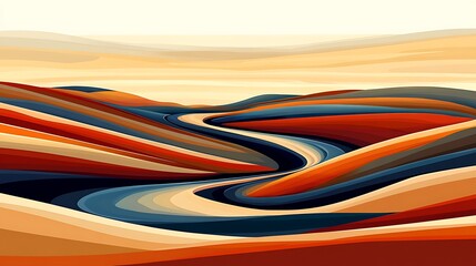 Abstract Landscape with Winding Road Through Colorful Hills