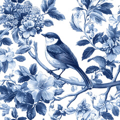 Elegant Blue and White Vintage Bird and Floral Pattern &ndash; Classic Toile de Jouy Design.
