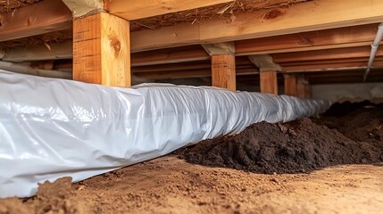 Brightly lit crawl space shows neatly installed vapor barrier next to soil. AI Generated