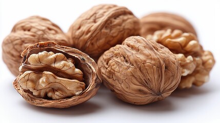 A close-up of walnuts, showcasing their shells and edible insides.