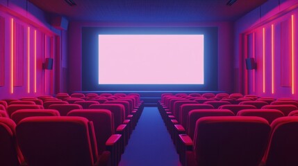 Cozy cinema interior with empty red seats and vibrant screen in evening atmosphere. Generative AI