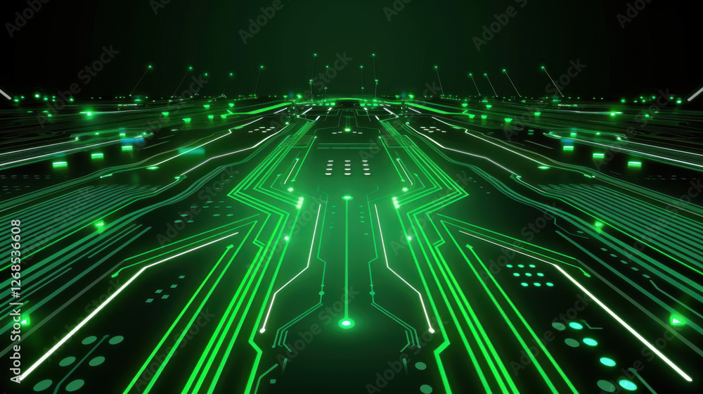 Poster futuristic green circuit board design with glowing lines and patterns, creating digital landscape. i