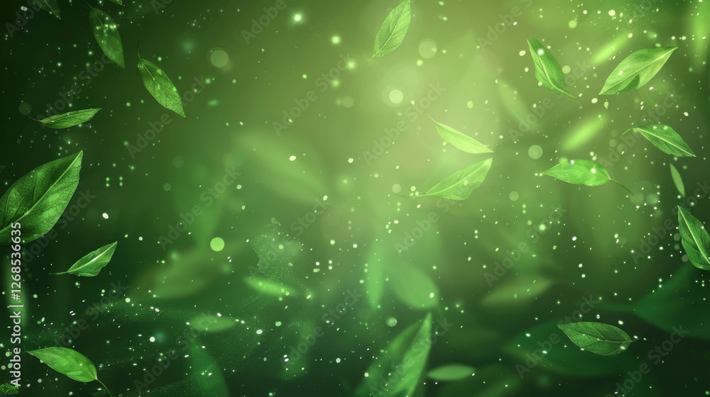 Poster vibrant green background with floating leaves and soft bokeh effects, creating fresh and natural atm