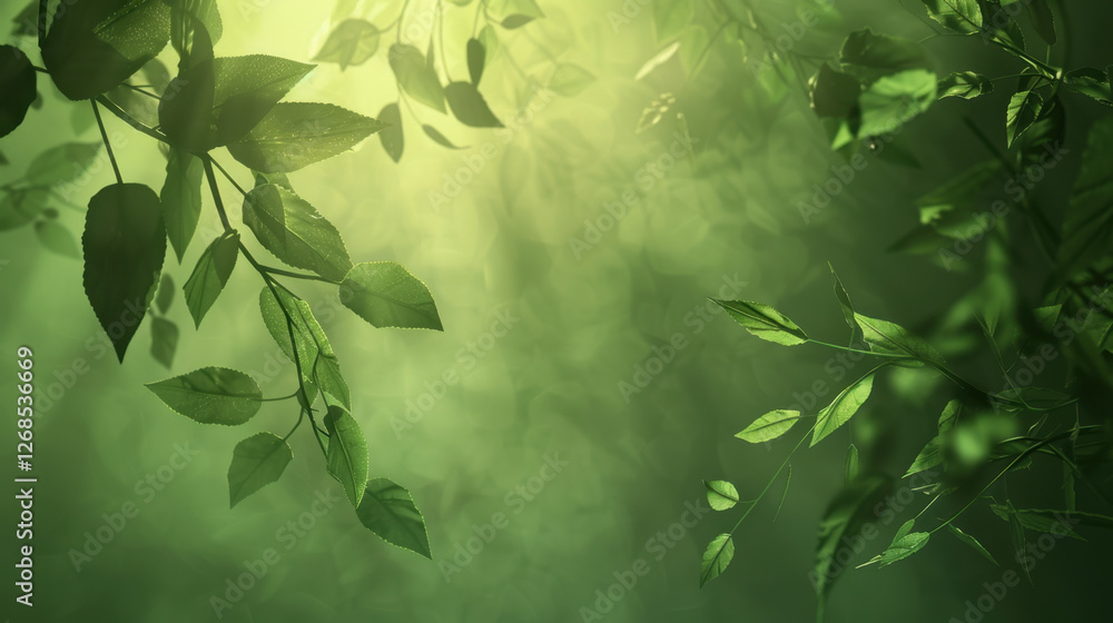 Poster lush green leaves with soft sunlight filtering through, creating serene and tranquil atmosphere. per