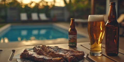 Sunset BBQ by the Pool: Grilled Ribs, Cold Beer, and Summer Relaxation