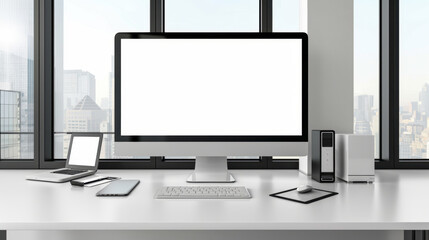 Fototapeta premium Modern office workspace with computer, laptop, smartphone, and accessories