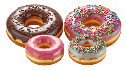 Variety of doughnuts with colorful icing and toppings, tasty assortment of sweet donuts in different flavors isolated on PNG background