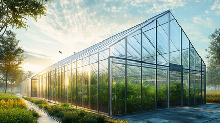 Obraz premium A modular greenhouse with interconnected units, forming a scalable and adaptable structure. Each unit is made of transparent polycarbonate panels 