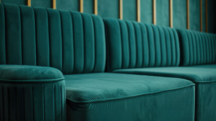 Obraz premium Luxurious teal velvet sofa with vertical stripes and plush cushions, perfect for modern interiors. rich color adds elegance and comfort to any living space