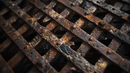 Rusty metal grid with wooden slats, showcasing weathered textures and details. image evokes sense of age and industrial charm, perfect for backgrounds or design elements