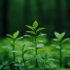 Obraz premium Three Green Plants with Dew Drops in Forest