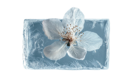 Frozen flower preserved in ice block with transparent background