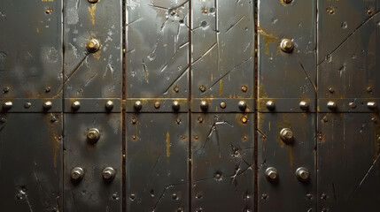 close up view of weathered metal door with rivets and scratches, showcasing industrial design and texture. surface displays signs of wear and age, adding character