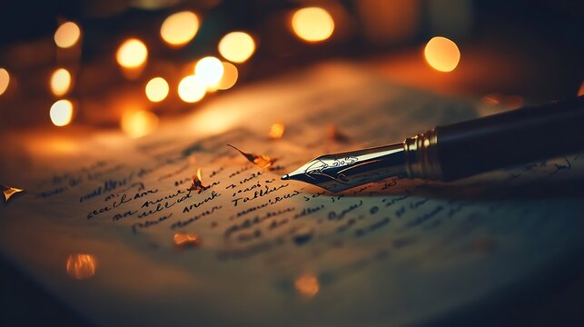 Close-up of a fountain pen resting on a handwritten letter, illuminated by warm bokeh lights.