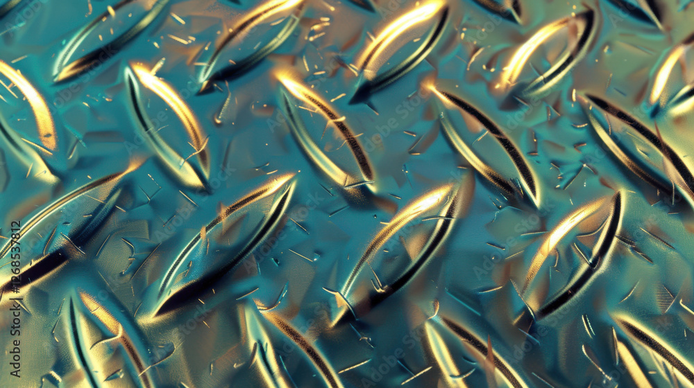 Poster shiny metallic surface with diamond pattern and reflections, creating industrial feel. texture adds 