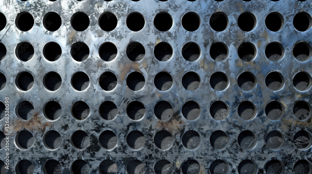 Poster metal surface with circular holes, showcasing textured pattern and industrial feel. shiny finish ref