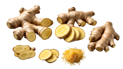 Ginger fresh root cut slices and grated strips food photo PNG set