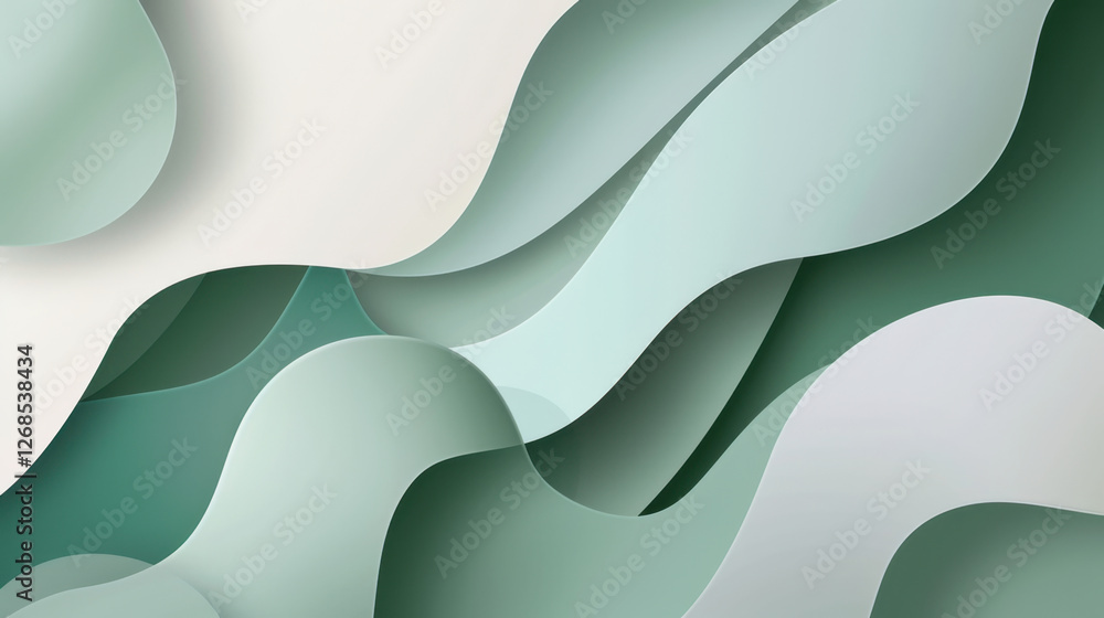 Poster serene abstract background featuring soft green and white waves, creating calming and modern aesthet