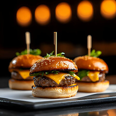 Three Mini Cheeseburgers on Dark Background