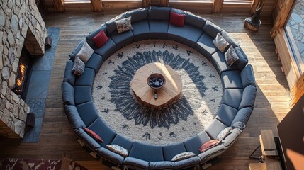 Obraz premium Cozy family room with circular seating arrangement on a textured rug, creating an inviting atmosphere