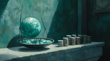 Mysterious teal globe rests serenely on scales near silver coin stacks soft light illuminates scene. AI Generated