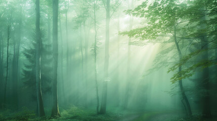serene forest scene with soft light filtering through trees, creating mystical atmosphere. lush greenery and mist enhance tranquil beauty of nature