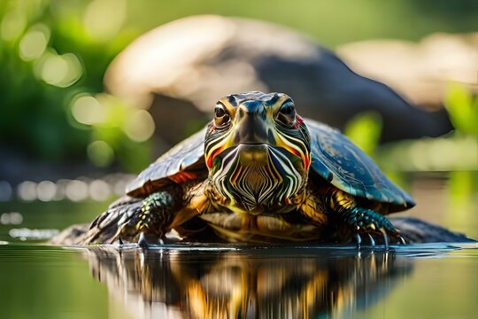 A green reptile, a turtle with a patterned shell, rests on a rock near a pond, its slow aquatic nature blending with the wild water