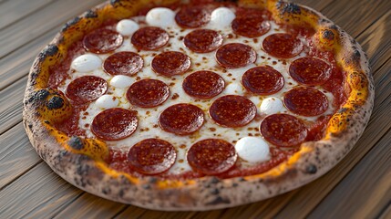 Pepperoni pizza outdoors, wood table, sunlit