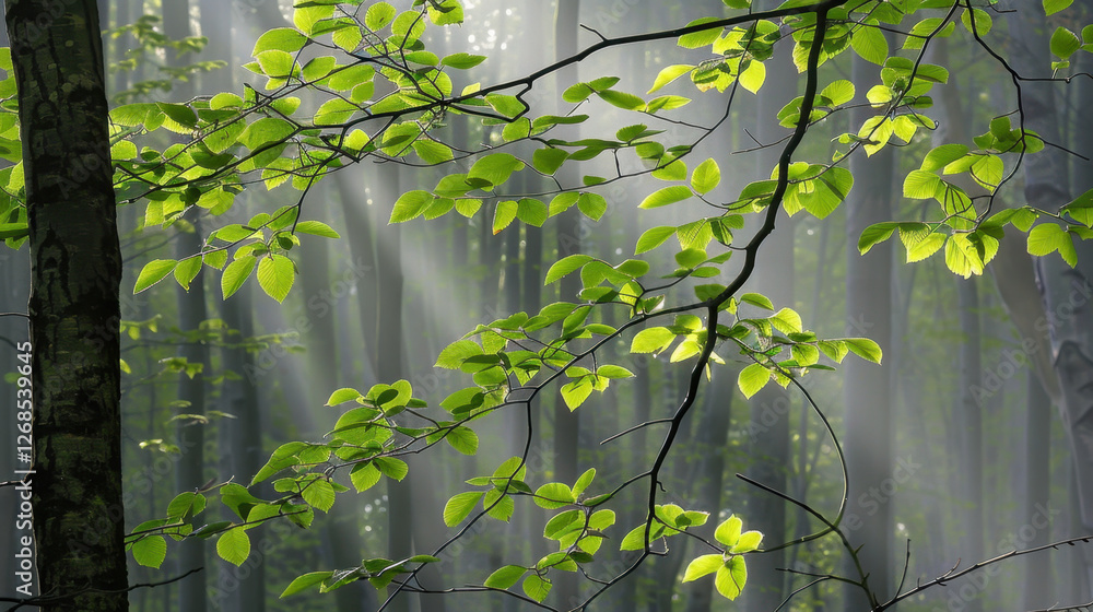 Poster sunlight filtering through green leaves in serene forest, creating tranquil atmosphere. interplay of