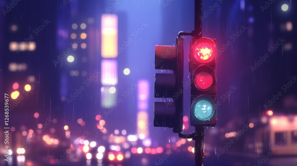 Poster an artistic view of a traffic light with bokeh effects created by streetlights and car headlights, p