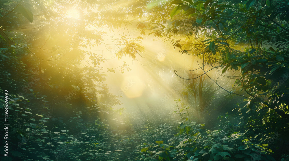 Poster serene forest scene with sunlight filtering through lush greenery, creating magical atmosphere. soft