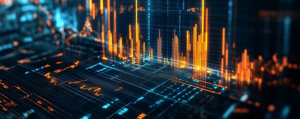 Digital data streams flow across screen; glowing graphs and charts