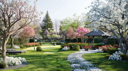 Fototapeta premium serene garden landscape featuring blooming cherry and white trees, lush green grass, and winding stone path leading to gazebo. vibrant flowers create peaceful atmosphere