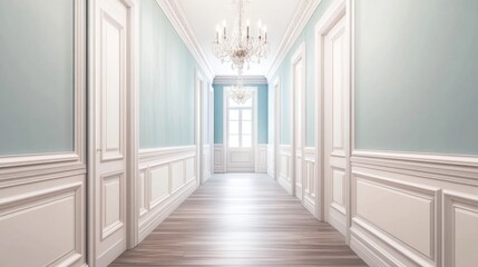 An elegant hallway adorned with classic wainscoting, a vintage chandelier hanging from the ceiling, and soft pastel colors creating a sophisticated ambiance