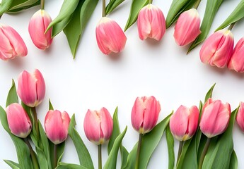 Fototapeta premium Pink tulips border a white background with copy space for text, top view. Spring flowers frame a banner for a Happy Mother's Day card design template