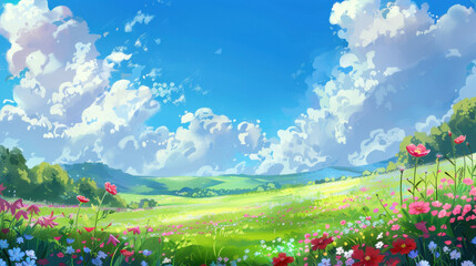 vibrant landscape featuring colorful flower field under bright blue sky with fluffy clouds. scene evokes sense of tranquility and natural beauty