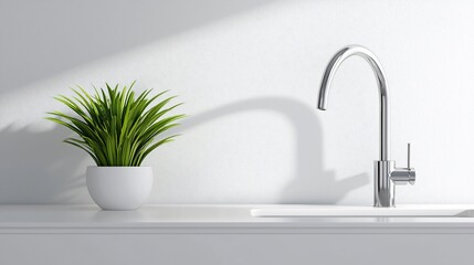Modern kitchen sink with plant and chrome faucet.