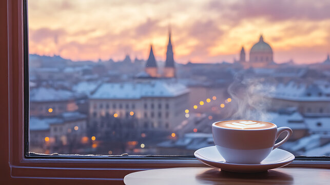 White coffee cup and softy stream smoke put on sky terrace border with blurred sunrise high angle view of city scape and colorful traffic lighting on road. Selective focus and copy space.