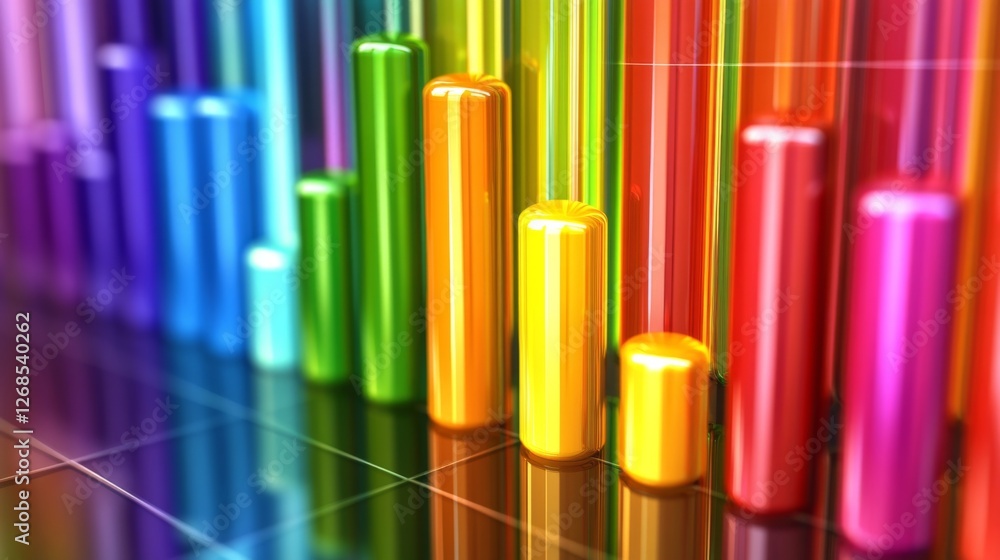 Aufkleber a d bar graph with tall, glossy pillars in various colors rising from a reflective surface, symboliz