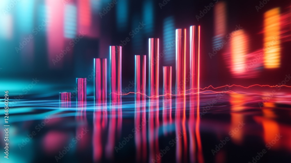 Leinwandbilder A D bar graph with tall, glossy pillars in various colors rising from a reflective surface, symbolizing financial growth and performance analysis