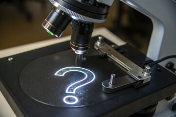 Microscope focusing on glowing question mark. Finding science answer