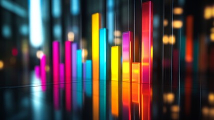 Fototapeta premium A D bar graph with tall, glossy pillars in various colors rising from a reflective surface, symbolizing financial growth and performance analysis