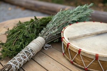 Drum and herb bundle. Indigenous shaman ritual