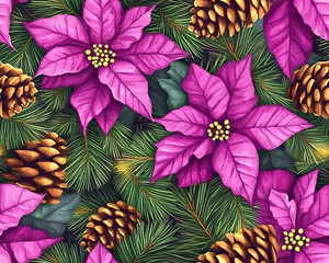 Fototapeta premium Festive Poinsettia and Pinecone Pattern.