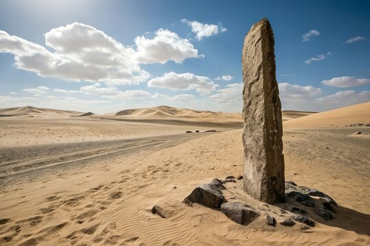 Stone monolith in desert landscape. Ancient landmark mystery