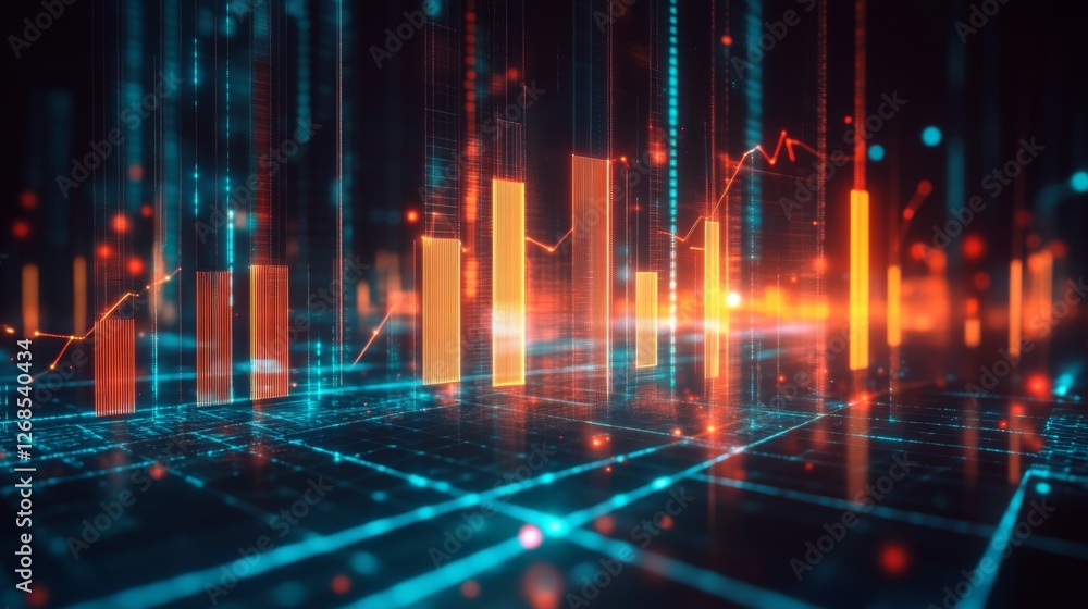 Poster a d financial chart with rising columns and a glowing trendline, placed over a sleek digital grid wi