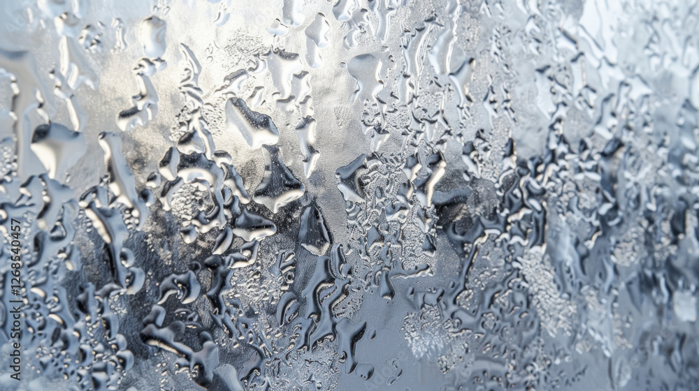 Poster close up view of condensation on glass surface, creating textured pattern. droplets reflect light, a